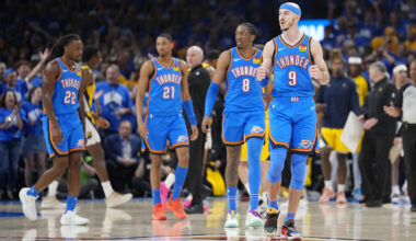 Jun 22, 2025; Oklahoma City, Oklahoma, USA; Oklahoma City Thunder guard Alex Caruso (9) reacts after a play against the Indiana Pacers during the second half of game seven of the 2025 NBA Finals at Paycom Center. Mandatory Credit: Kyle Terada-Imagn Images