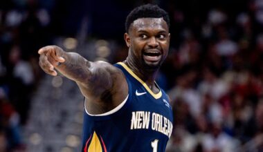 Oct 24, 2025; New Orleans, Louisiana, USA;  New Orleans Pelicans forward Zion Williamson (1) reacts to a play against the San Antonio Spurs during the second half at Smoothie King Center. Mandatory Credit: Stephen Lew-Imagn Images