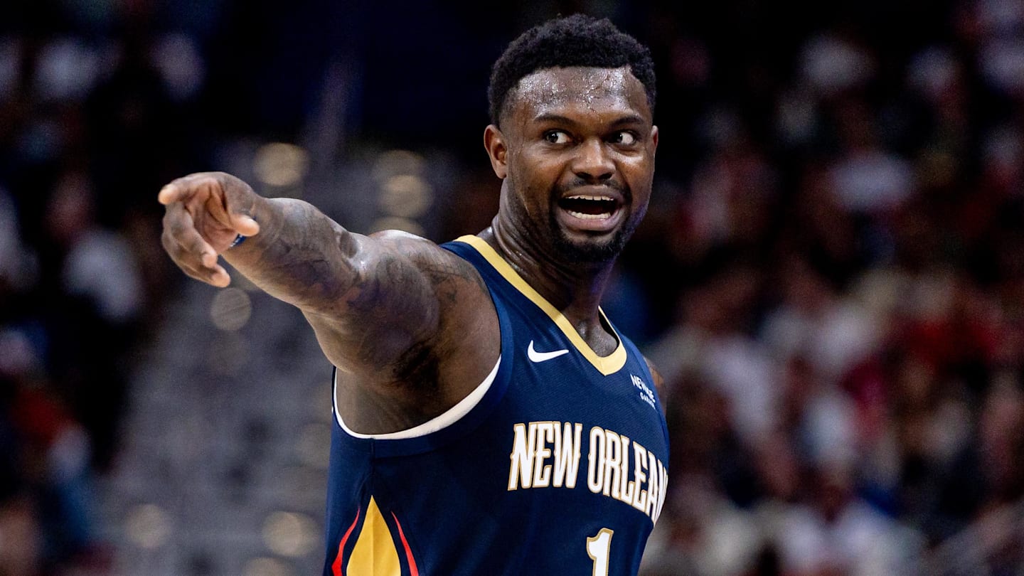Oct 24, 2025; New Orleans, Louisiana, USA;  New Orleans Pelicans forward Zion Williamson (1) reacts to a play against the San Antonio Spurs during the second half at Smoothie King Center. Mandatory Credit: Stephen Lew-Imagn Images