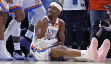 Mar 15, 2026; Oklahoma City, Oklahoma, USA; Oklahoma City Thunder guard Shai Gilgeous-Alexander (2) looks up at his team after scoring against the Minnesota Timberwolves during the second half at Paycom Center. Mandatory Credit: Alonzo Adams-Imagn Images