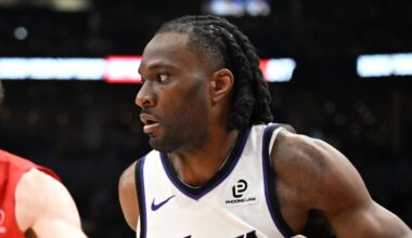 Apr 1, 2026; Toronto, Ontario, CAN;  Sacramento Kings forward Precious Achiuwa (9) drives to the basket against Toronto Raptors center Jakob Poeltl (19) in the first half at Scotiabank Arena. Mandatory Credit: Dan Hamilton-Imagn Images