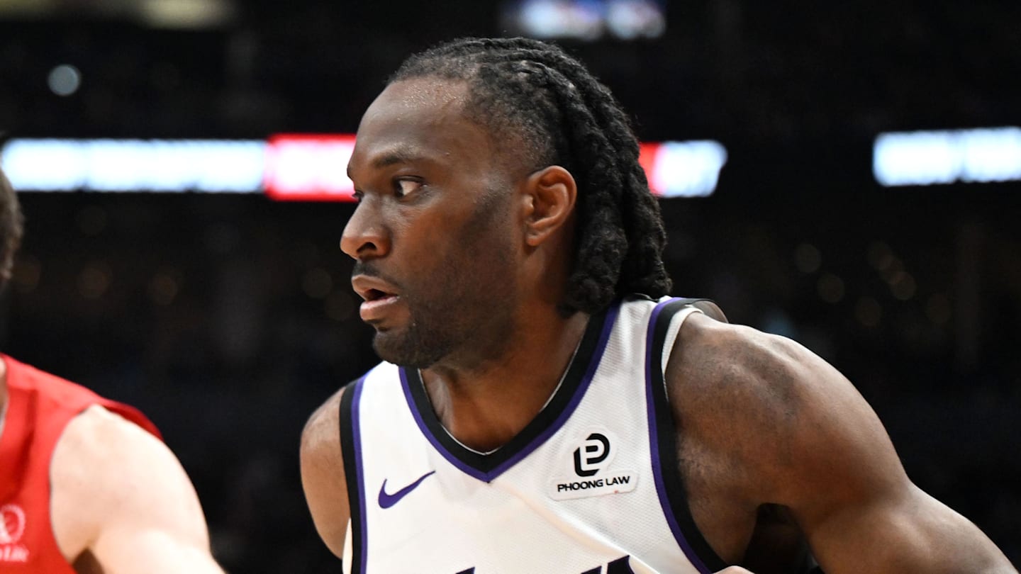 Apr 1, 2026; Toronto, Ontario, CAN;  Sacramento Kings forward Precious Achiuwa (9) drives to the basket against Toronto Raptors center Jakob Poeltl (19) in the first half at Scotiabank Arena. Mandatory Credit: Dan Hamilton-Imagn Images