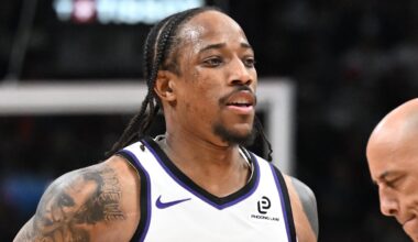 Apr 1, 2026; Toronto, Ontario, CAN;  Sacramento Kings forward DeMar DeRozan (10) slaps hands with head coach Doug Christie after making a three-point basket against the Toronto Raptors in the second half at Scotiabank Arena. Mandatory Credit: Dan Hamilton-Imagn Images