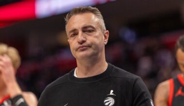 Mar 31, 2026; Detroit, Michigan, USA; Toronto Raptors head coach Darko Rajakovic walks off the court after loosing to the Detroit Pistons at Little Caesars Arena. Mandatory Credit: David Reginek-Imagn Images
