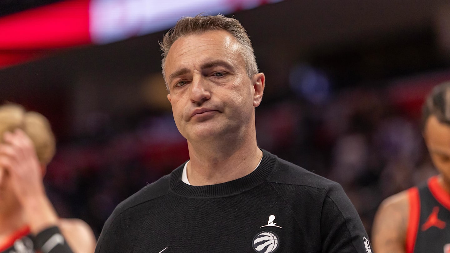 Mar 31, 2026; Detroit, Michigan, USA; Toronto Raptors head coach Darko Rajakovic walks off the court after loosing to the Detroit Pistons at Little Caesars Arena. Mandatory Credit: David Reginek-Imagn Images