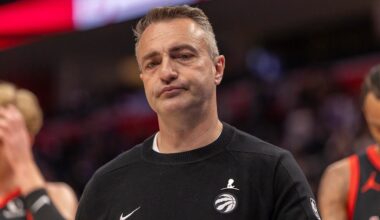 Mar 31, 2026; Detroit, Michigan, USA; Toronto Raptors head coach Darko Rajakovic walks off the court after loosing to the Detroit Pistons at Little Caesars Arena. Mandatory Credit: David Reginek-Imagn Images