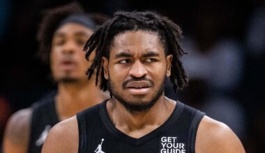 Brooklyn Nets guard Cam Thomas (24) reacts after a foul during the second quarter against the Charlotte Hornets at Spectrum Center on March 8, 2025.