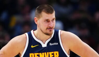 Dec 15, 2025; Denver, Colorado, USA; Denver Nuggets center Nikola Jokic (15) reacts in the second quarter against the Houston Rockets at Ball Arena. Mandatory Credit: Ron Chenoy-Imagn Images