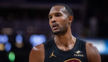 Jan 6, 2026; Indianapolis, Indiana, USA;  Cleveland Cavaliers center Evan Mobley (4) in the first half against the Indiana Pacers at Gainbridge Fieldhouse. Mandatory Credit: Trevor Ruszkowski-Imagn Images
