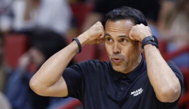 Miami Heat head coach Erik Spoelstra (00) reacts (Mandatory Credit: Rhona Wise-Imagn Images)