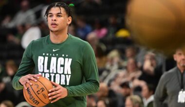 Feb 6, 2026; Milwaukee, Wisconsin, USA; Milwaukee Bucks forward Ousmane Dieng (21) warms up during halftime against the Indiana Pacers at Fiserv Forum. Mandatory Credit: Benny Sieu-Imagn Images
