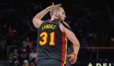 Mar 28, 2026; Atlanta, Georgia, USA; Atlanta Hawks center Jock Landale (31) celebrates a three-point shot against the Sacramento Kings during the fourth quarter at State Farm Arena. Mandatory Credit: Jordan Godfree-Imagn Images