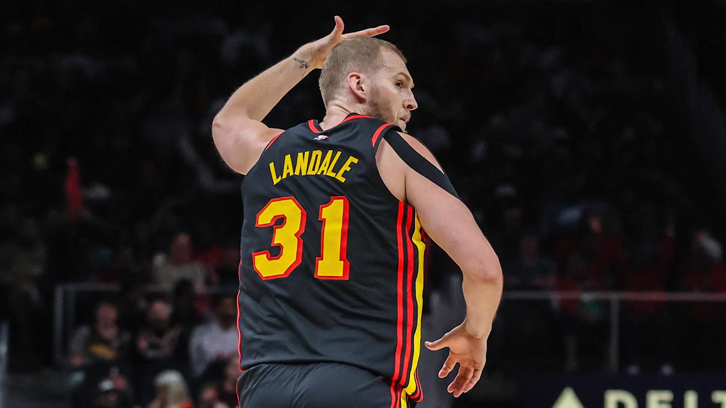 Mar 28, 2026; Atlanta, Georgia, USA; Atlanta Hawks center Jock Landale (31) celebrates a three-point shot against the Sacramento Kings during the fourth quarter at State Farm Arena. Mandatory Credit: Jordan Godfree-Imagn Images