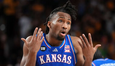 Kansas Jayhawks guard Darryn Peterson (22) looks to the referee after getting a foul called against him as they play the ASU Sun Devils at Desert Financial Arena in Tempe on March 3, 2026.