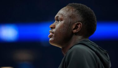 Phoenix Suns center Khaman Maluach warms up prior to a game against the Milwaukee Bucks at the Mortgage Matchup Center in Phoenix on March 21, 2026.