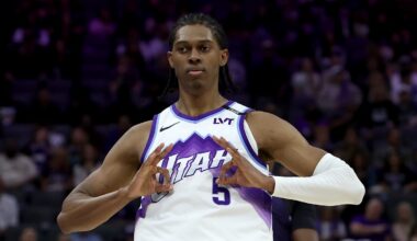 Mar 15, 2026; Sacramento, California, USA; Utah Jazz forward Cody Williams (5) reacts towards his bench after making a three-point basket against the Sacramento Kings during the fourth quarter at Golden 1 Center. Mandatory Credit: Dennis Lee-Imagn Images