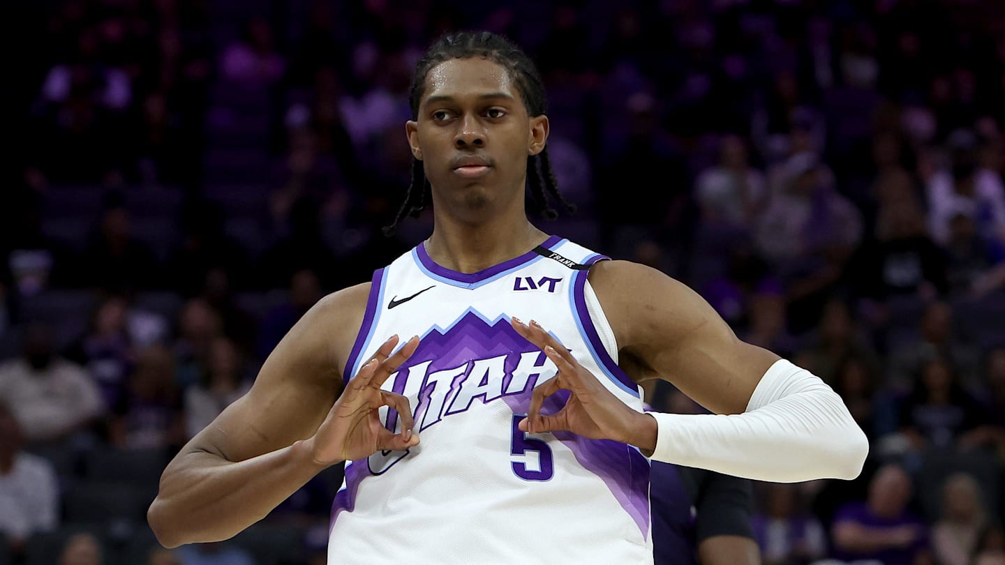 Mar 15, 2026; Sacramento, California, USA; Utah Jazz forward Cody Williams (5) reacts towards his bench after making a three-point basket against the Sacramento Kings during the fourth quarter at Golden 1 Center. Mandatory Credit: Dennis Lee-Imagn Images