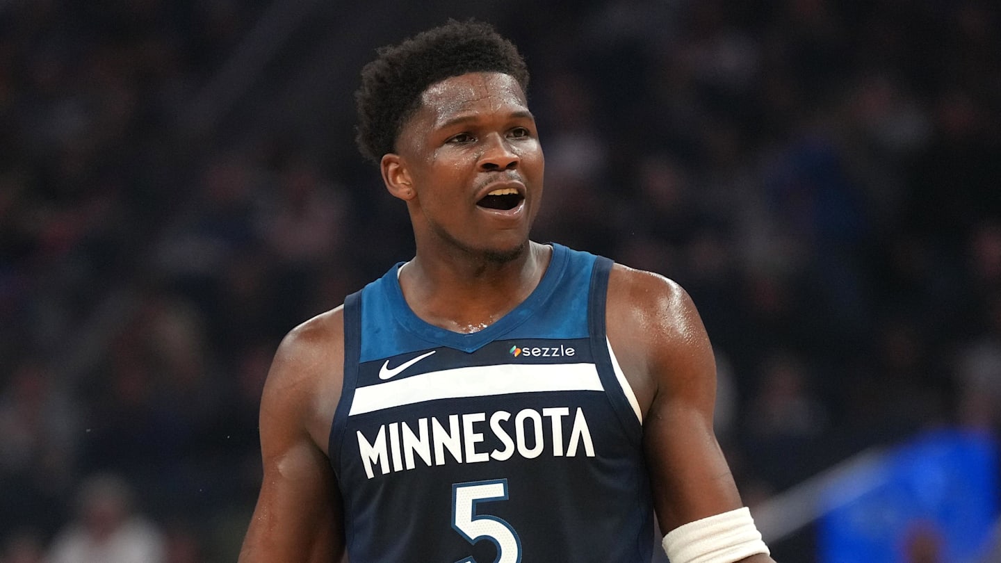 Mar 13, 2026; San Francisco, California, USA; Minnesota Timberwolves guard Anthony Edwards (5) reacts after being fouled against the Golden State Warriors in the first quarter at the Chase Center. Mandatory Credit: Cary Edmondson-Imagn Images