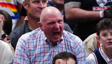 Apr 19, 2025; Denver, Colorado, USA; LA Clippers owner Steve Ballmer (center) reacts in third quarter against the Denver Nuggets at Ball Arena. Mandatory Credit: Ron Chenoy-Imagn Images