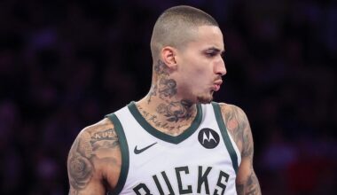 Milwaukee Bucks forward Kyle Kuzma (18) reacts after making a three point basket against the New York Knicks during the second half at Madison Square Garden on November 28, 2025.