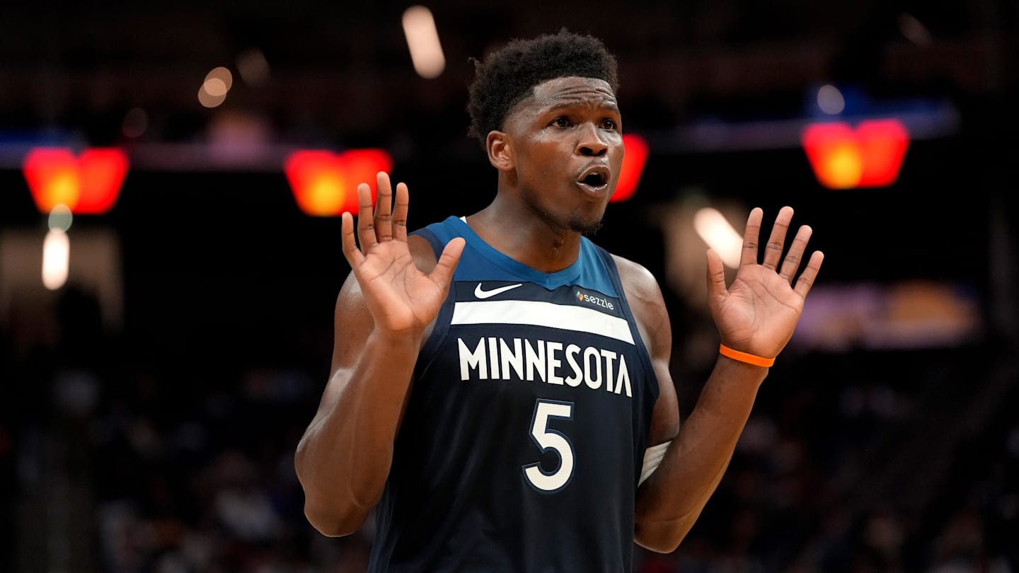 Mar 13, 2026; San Francisco, California, USA; Minnesota Timberwolves guard Anthony Edwards (5) reacts after the Timberwolves were called for a foul against the Golden State Warriors in the fourth quarter at the Chase Center. Mandatory Credit: Cary Edmondson-Imagn Images