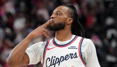 Mar 31, 2026; Inglewood, California, USA;  LA Clippers guard Darius Garland (10) reacts after a play during the first half against the Portland Trail Blazers at Intuit Dome. Mandatory Credit: Kirby Lee-Imagn Images