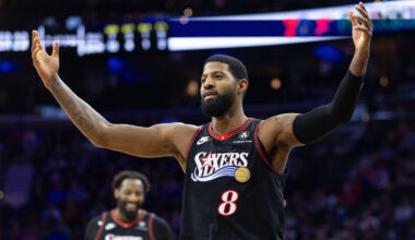 Dec 23, 2025; Philadelphia, Pennsylvania, USA; Philadelphia 76ers forward Paul George (8) reacts after his dunk against the Brooklyn Nets during the second quarter at Xfinity Mobile Arena. Mandatory Credit: Bill Streicher-Imagn Images
