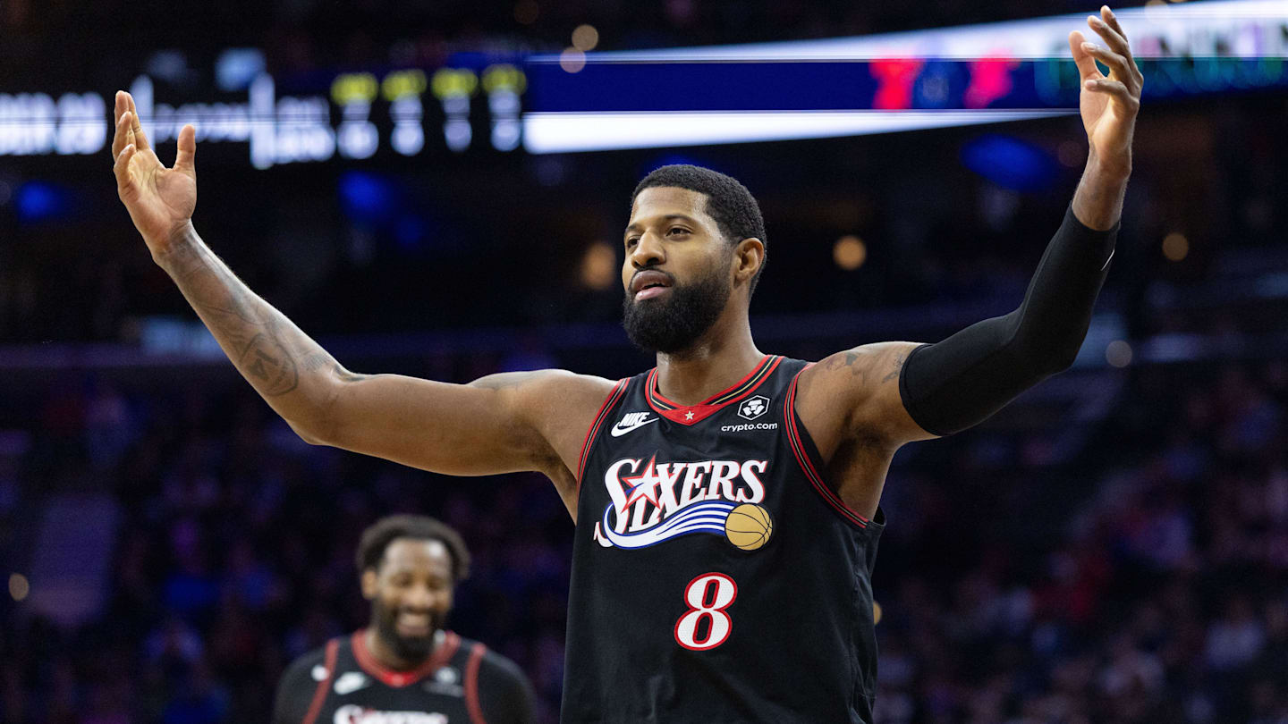 Dec 23, 2025; Philadelphia, Pennsylvania, USA; Philadelphia 76ers forward Paul George (8) reacts after his dunk against the Brooklyn Nets during the second quarter at Xfinity Mobile Arena. Mandatory Credit: Bill Streicher-Imagn Images