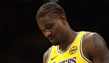 Dec 23, 2025; Phoenix, Arizona, USA; Los Angeles Lakers center Deandre Ayton (5) reacts against the Phoenix Suns at Mortgage Matchup Center. Mandatory Credit: Mark J. Rebilas-Imagn Images
