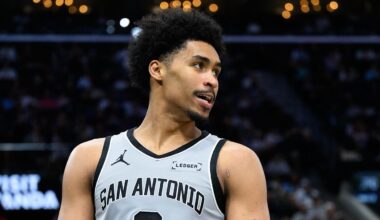 Apr 2, 2026; Inglewood, California, USA; San Antonio Spurs guard Dylan Harper (2) reacts after scoring during the second half against the Los Angeles Clippers at Intuit Dome. Mandatory Credit: William Liang-Imagn Images