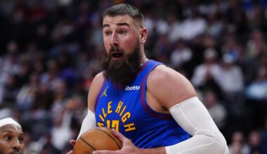 Mar 11, 2026; Denver, Colorado, USA; Denver Nuggets center Jonas Valanciunas (17) controls the ball in the fourth quarter against the Houston Rockets at Ball Arena. Mandatory Credit: Ron Chenoy-Imagn Images