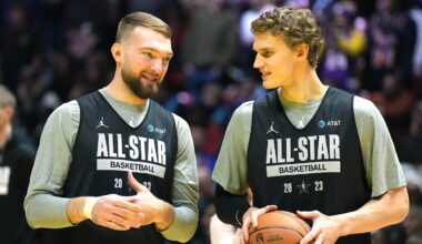 Feb 18, 2023; Salt Lake City, UT, USA; Domantas Sabonis (left) and Lauri Markkanen react during NBA All-Star Game practice at Huntsman Center. Mandatory Credit: Kirby Lee-Imagn Images