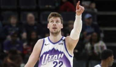 Feb 20, 2026; Memphis, Tennessee, USA; Utah Jazz forward Kyle Filipowski (22) reacts during the second quarter against the Memphis Grizzlies at FedExForum. Mandatory Credit: Petre Thomas-Imagn Images