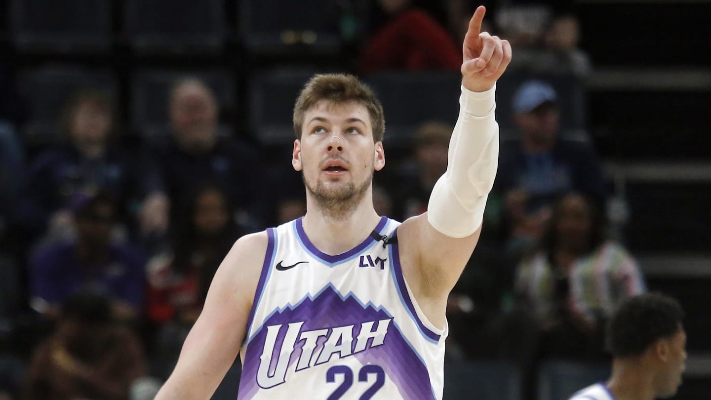 Feb 20, 2026; Memphis, Tennessee, USA; Utah Jazz forward Kyle Filipowski (22) reacts during the second quarter against the Memphis Grizzlies at FedExForum. Mandatory Credit: Petre Thomas-Imagn Images