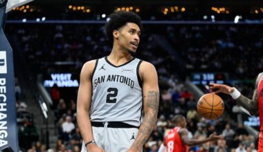 Apr 2, 2026; Inglewood, California, USA; San Antonio Spurs guard Dylan Harper (2) reacts after scoring during the second half against the Los Angeles Clippers at Intuit Dome. Mandatory Credit: William Liang-Imagn Images
