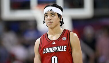 Feb 17, 2026; Dallas, Texas, USA; Louisville Cardinals guard Mikel Brown Jr. (0) looks on during the second half against the SMU Mustangs at Moody Coliseum. Mandatory Credit: Jerome Miron-Imagn Images