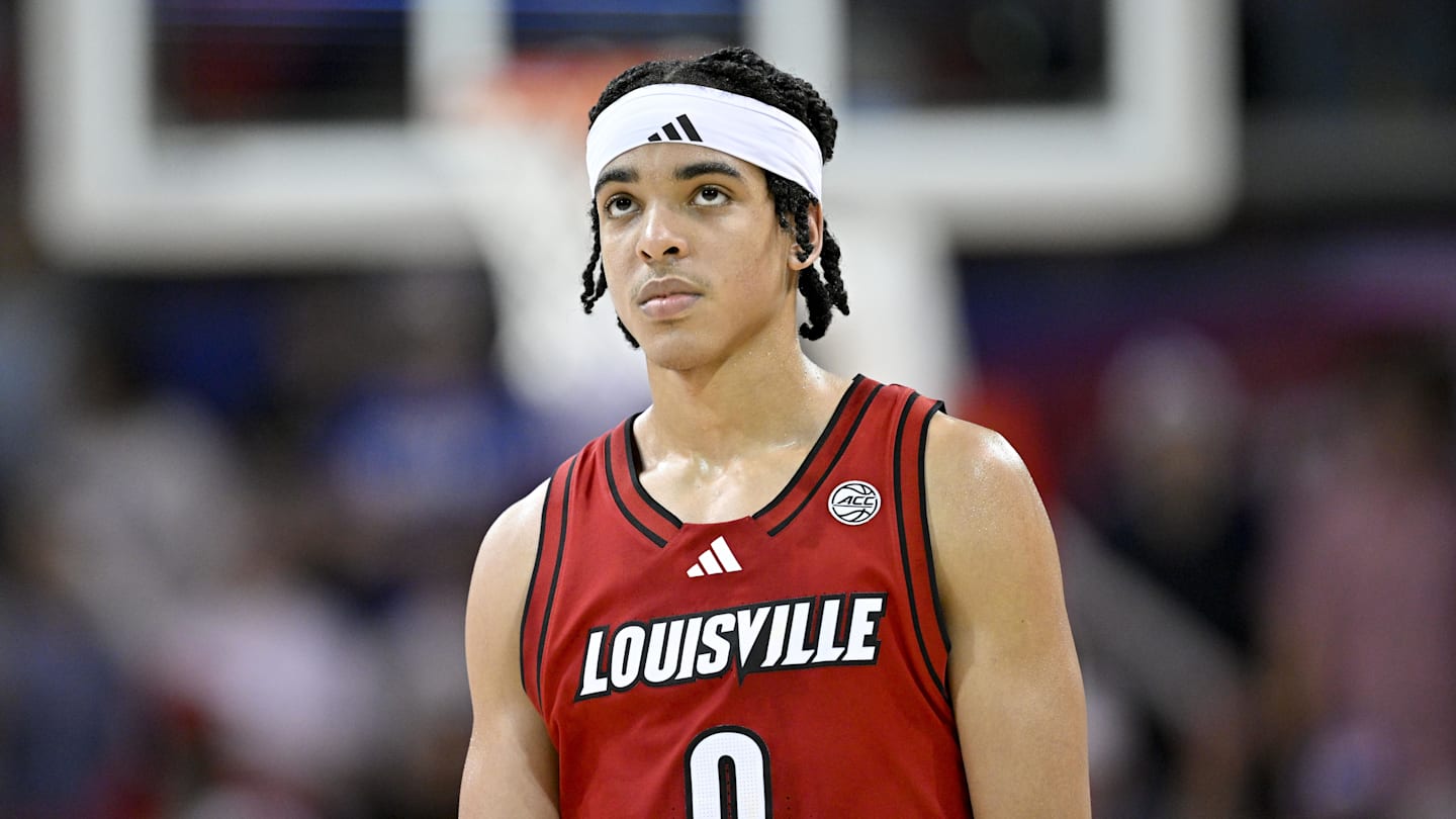 Feb 17, 2026; Dallas, Texas, USA; Louisville Cardinals guard Mikel Brown Jr. (0) looks on during the second half against the SMU Mustangs at Moody Coliseum. Mandatory Credit: Jerome Miron-Imagn Images