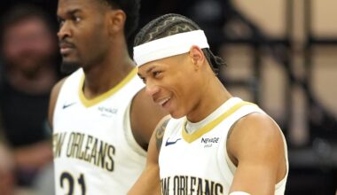 Apr 3, 2026; Sacramento, California, USA; New Orleans Pelicans guard Jeremiah Fears (right) is congratulated by forward Zion Williamson (left) after scoring against the Sacramento Kings during the fourth quarter at Golden 1 Center. Mandatory Credit: Darren Yamashita-Imagn Images
