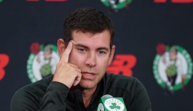 Sep 29, 2025; Boston, MA, USA; Boston Celtics president of basketball operations Brad Stevens talks to reporters during media day at the Auerbach Center. Mandatory Credit: David Butler II-Imagn Images