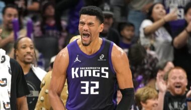 Apr 3, 2026; Sacramento, California, USA; Sacramento Kings center Dylan Cardwell (32) reacts after blocking a shot by New Orleans Pelicans forward Zion Williamson (not shown) during the fourth quarter at Golden 1 Center. Mandatory Credit: Darren Yamashita-Imagn Images