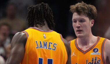 Mar 26, 2026; Charlotte, North Carolina, USA; Charlotte Hornets guard Sion James (4) and guard/forward Kon Knueppel (7) celebrate the win over New York Knicks during the second half at the Spectrum Center. Mandatory Credit: Jim Dedmon-Imagn Images