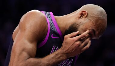 Mar 28, 2026; Minneapolis, Minnesota, USA; Minnesota Timberwolves center Rudy Gobert (27) reacts during the second half against the Detroit Pistons at Target Center. Mandatory Credit: Matt Krohn-Imagn Images