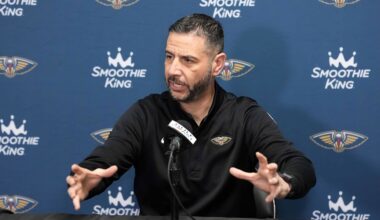 Mar 3, 2026; Los Angeles, California, USA; New Orleans Pelicans head coach James Borrego at a press conference at the Crypto.com Arena. Mandatory Credit: Kirby Lee-Imagn Images