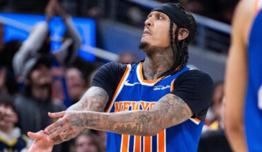 Mar 13, 2026; Indianapolis, Indiana, USA; New York Knicks guard Jordan Clarkson (00) celebrates a made basket in the second half against the Indiana Pacers at Gainbridge Fieldhouse. Mandatory Credit: Trevor Ruszkowski-Imagn Images