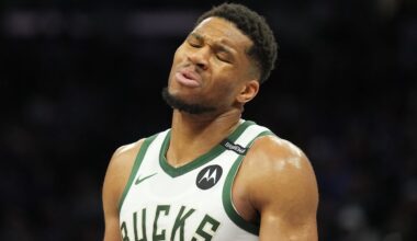 Mar 22, 2025; Sacramento, California, USA; Milwaukee Bucks forward Giannis Antetokounmpo (34) reacts during the third quarter against the Sacramento Kings at Golden 1 Center. Mandatory Credit: Darren Yamashita-Imagn Images