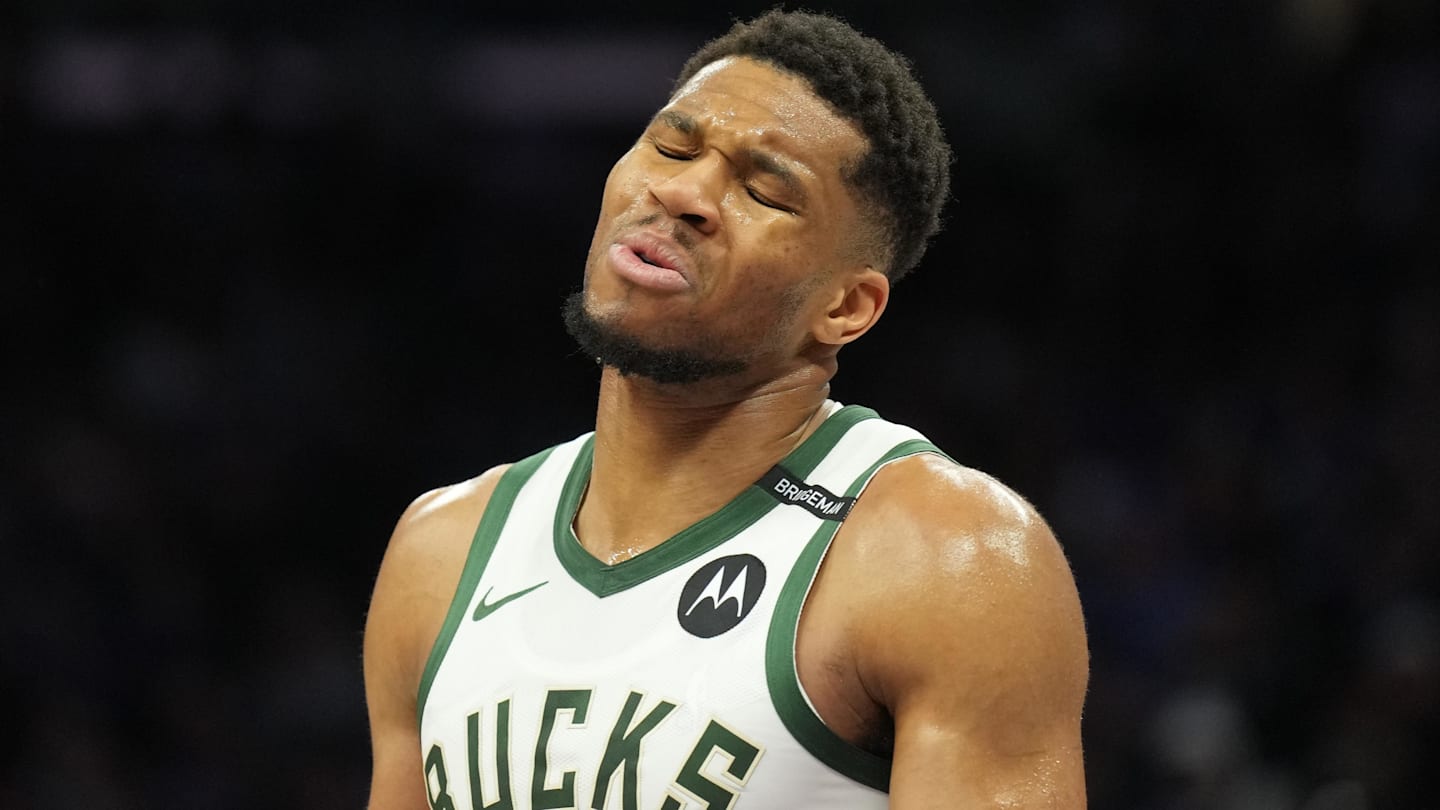 Mar 22, 2025; Sacramento, California, USA; Milwaukee Bucks forward Giannis Antetokounmpo (34) reacts during the third quarter against the Sacramento Kings at Golden 1 Center. Mandatory Credit: Darren Yamashita-Imagn Images