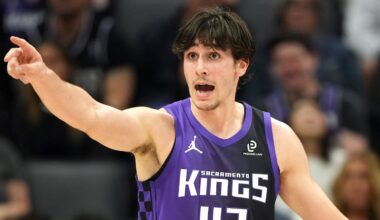 Apr 3, 2026; Sacramento, California, USA; Sacramento Kings center Maxime Raynaud (42) gestures after scoring against the New Orleans Pelicans during the second quarter at Golden 1 Center. Mandatory Credit: Darren Yamashita-Imagn Images