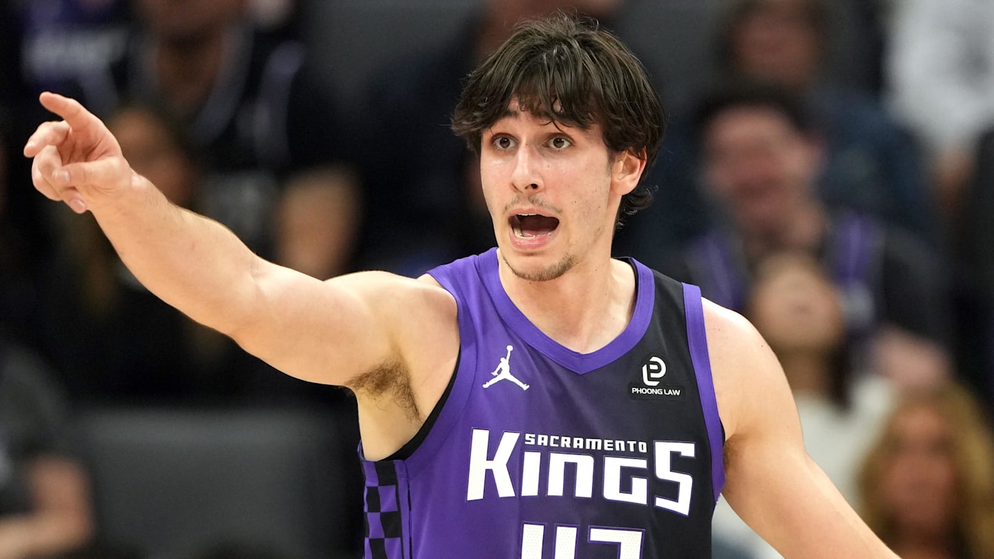 Apr 3, 2026; Sacramento, California, USA; Sacramento Kings center Maxime Raynaud (42) gestures after scoring against the New Orleans Pelicans during the second quarter at Golden 1 Center. Mandatory Credit: Darren Yamashita-Imagn Images