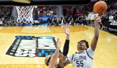 Mar 20, 2026; San Diego, CA, USA; Villanova Wildcats guard Acaden Lewis (55) shoots against Utah State Aggies forward Karson Templin (22) in the second half during a first round game of the men's 2026 NCAA Tournament at Viejas Arena. Mandatory Credit: Kirby Lee-Imagn Images