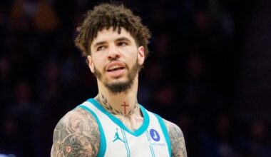 Apr 5, 2026; Minneapolis, Minnesota, USA; Charlotte Hornets guard LaMelo Ball (1) and-one celebrates a basket against the Minnesota Timberwolves in the third quarter at Target Center. Mandatory Credit: Matt Blewett-Imagn Images